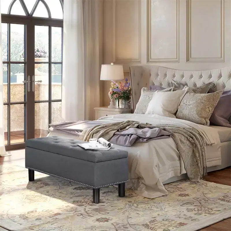 Panca Contenitore Rettangolare ad Alta Capacità Furniliving con Rivestimento in Lino Capitonnè e Bottoni per Camera da Letto/Ingresso/Corridoio