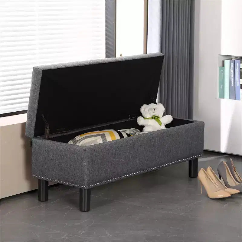 Panca Contenitore Rettangolare ad Alta Capacità Furniliving con Rivestimento in Lino Capitonnè e Bottoni per Camera da Letto/Ingresso/Corridoio