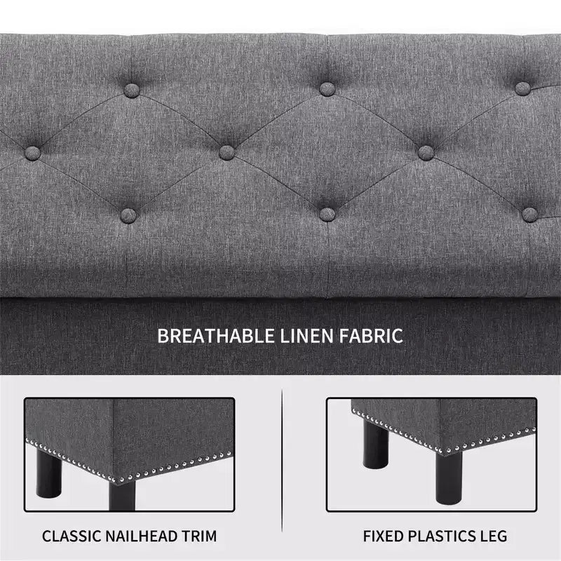 Panca Contenitore Rettangolare ad Alta Capacità Furniliving con Rivestimento in Lino Capitonnè e Bottoni per Camera da Letto/Ingresso/Corridoio