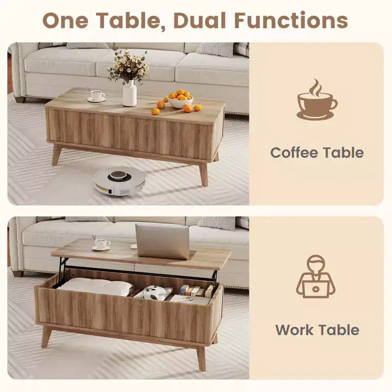 Tavolino da caffè con piano sollevabile scanalato Costway 43.5'' con vani portaoggetti nascosti per la casa