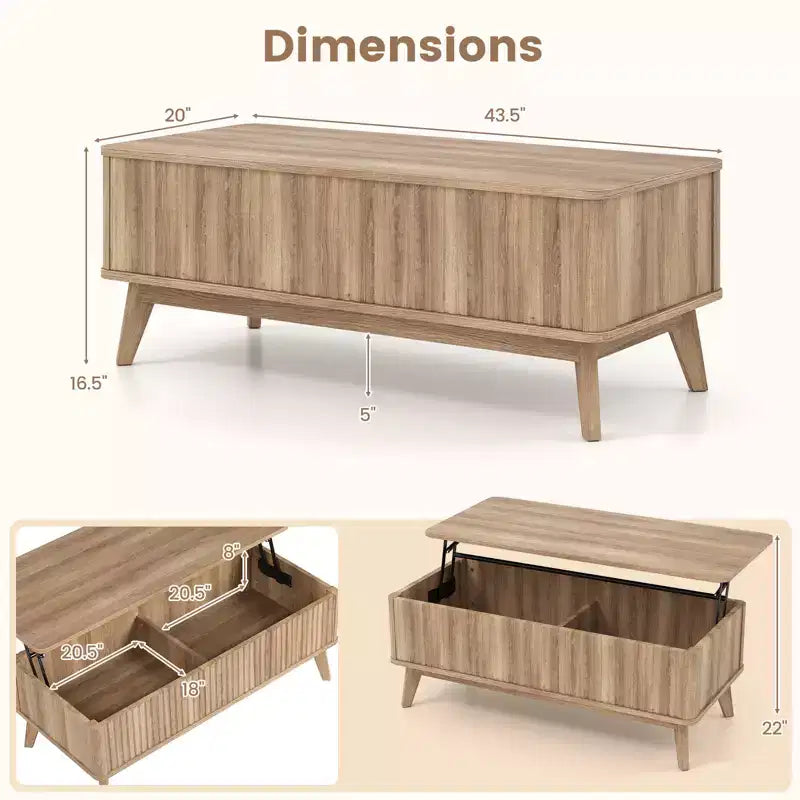Tavolino da caffè con piano sollevabile scanalato Costway 43.5'' con vani portaoggetti nascosti per la casa