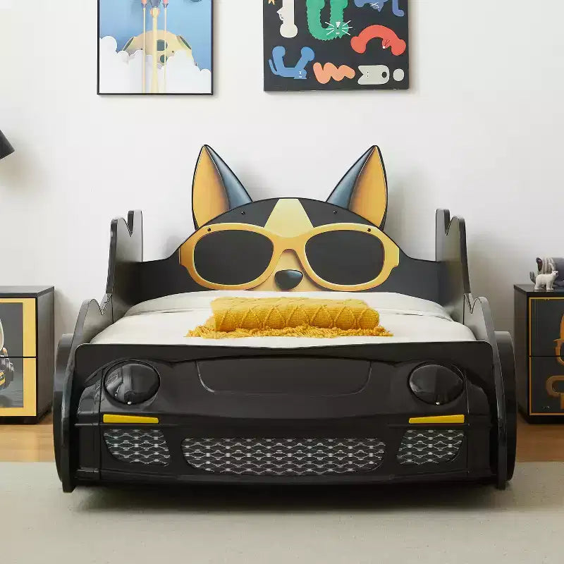 GDFStudio Fauna Letto singolo moderno a forma di auto da corsa dei cartoni animati con fari a LED