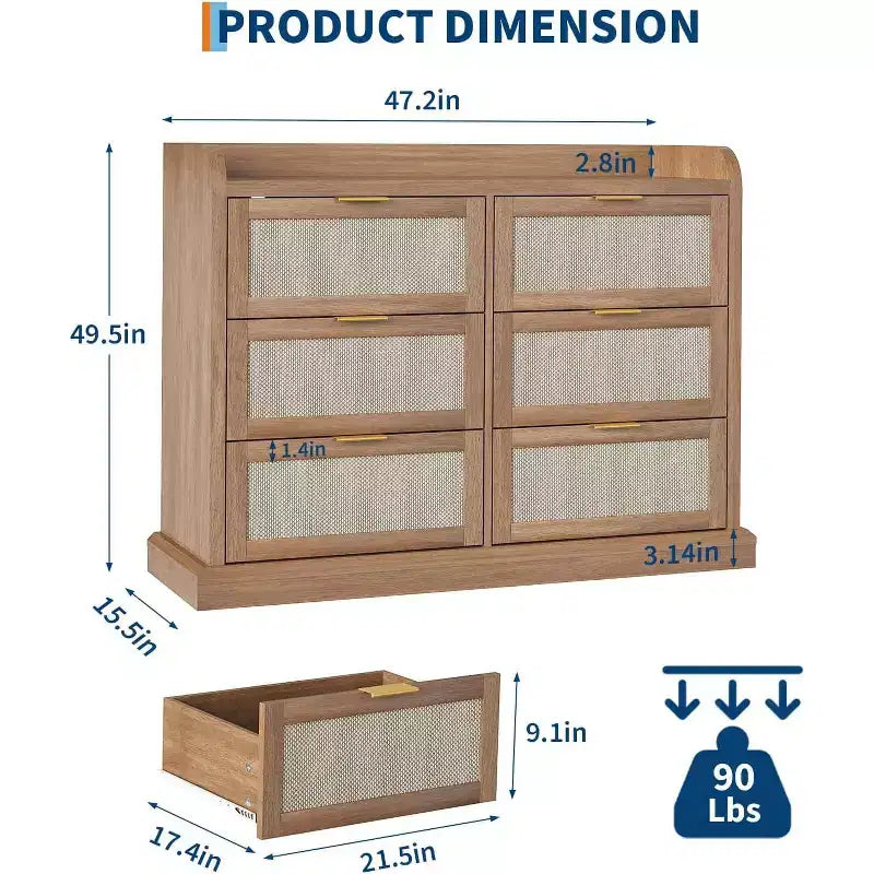 Cassettiera a 6 cassetti in stile rustico per camera da letto, cassettiera in rattan con contenitore, cassettiera grande con maniglie dorate, per camera da letto/ingresso