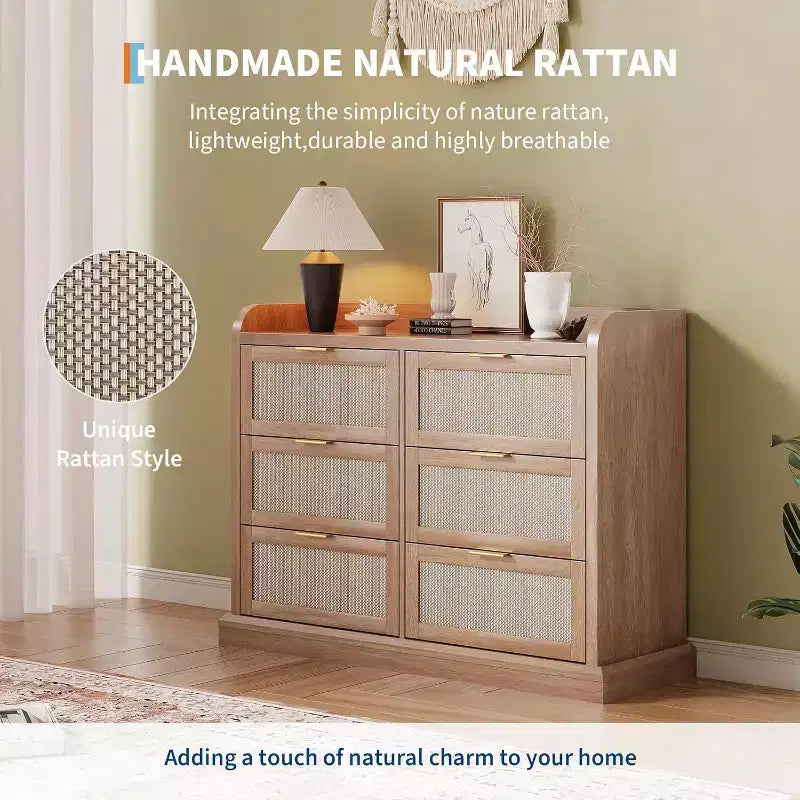 Cassettiera a 6 cassetti in stile rustico per camera da letto, cassettiera in rattan con contenitore, cassettiera grande con maniglie dorate, per camera da letto/ingresso