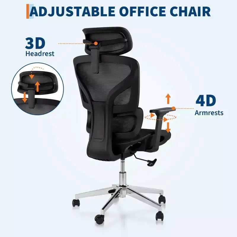 Sedia da ufficio ergonomica in rete, supporto lombare, braccioli regolabili 4D, reclinazione e regolazione dell'altezza, girevole a 360°, sedia da ufficio per casa, sedia da studio e gaming