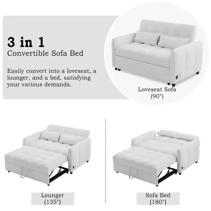 MAYEERTY 52.8 Divano a due posti Divano letto estraibile trapuntato con schienale regolabile Due cuscini lombari per soggiorno Beige