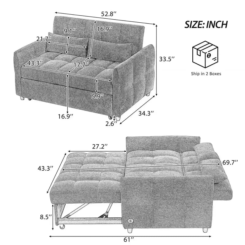 MAYEERTY 52.8 Divano a due posti Divano letto estraibile trapuntato con schienale regolabile Due cuscini lombari per soggiorno Beige