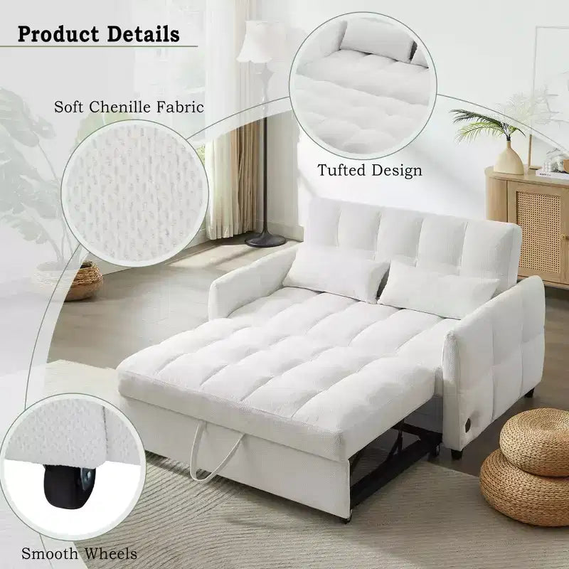 MAYEERTY 52.8 Divano a due posti Divano letto estraibile trapuntato con schienale regolabile Due cuscini lombari per soggiorno Beige