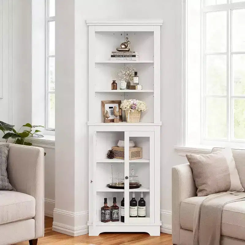 Angoliera con ante in vetro, mensole regolabili, mobiletto alto e autoportante per bagno e cucina, salvaspazio, bianco, organizzatore moderno