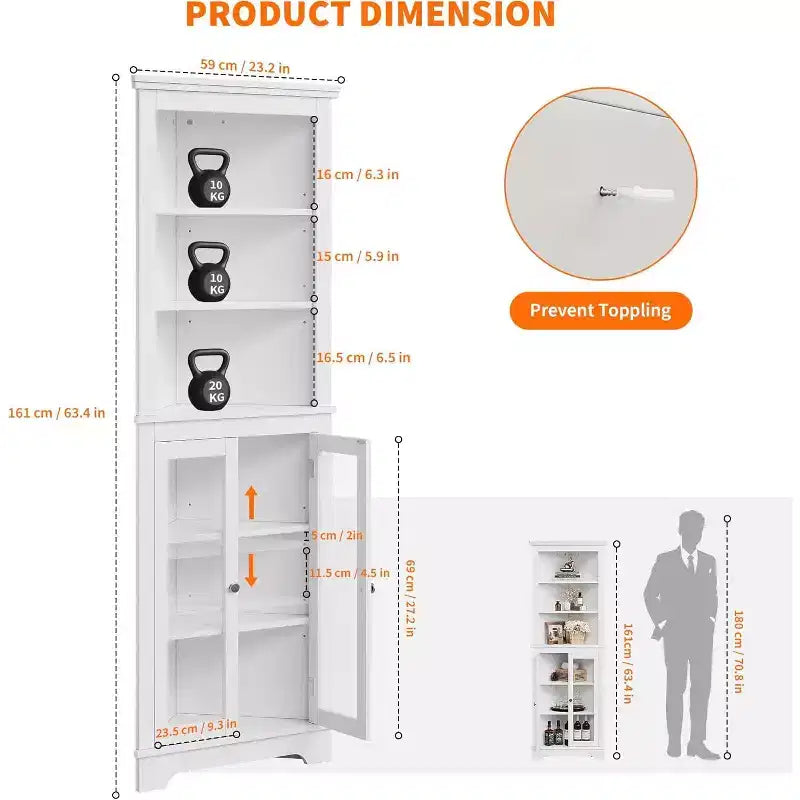 Angoliera con ante in vetro, mensole regolabili, mobiletto alto e autoportante per bagno e cucina, salvaspazio, bianco, organizzatore moderno