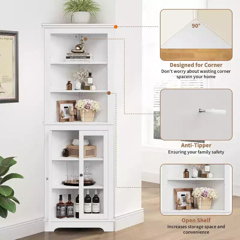 Angoliera con ante in vetro, mensole regolabili, mobiletto alto e autoportante per bagno e cucina, salvaspazio, bianco, organizzatore moderno