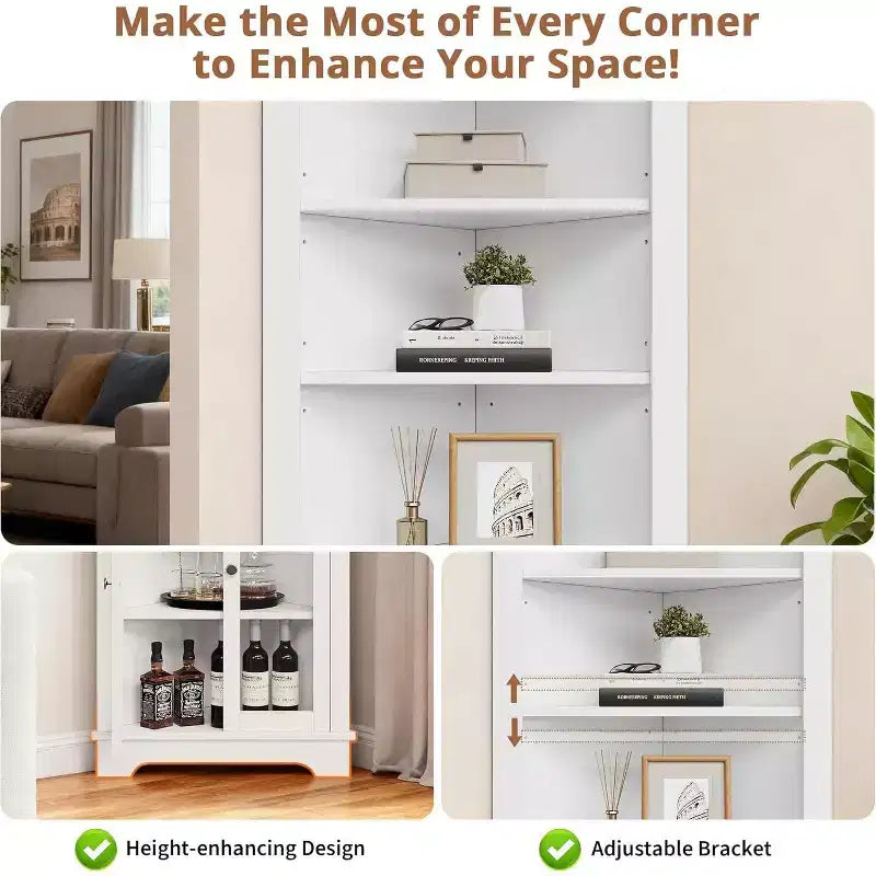 Angoliera con ante in vetro, mensole regolabili, mobiletto alto e autoportante per bagno e cucina, salvaspazio, bianco, organizzatore moderno