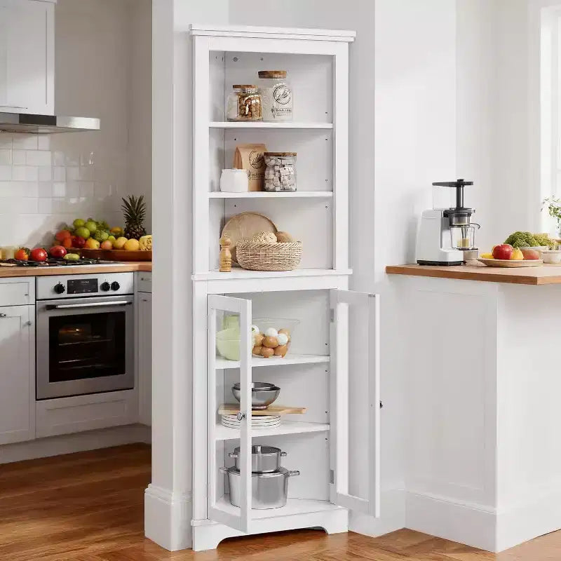 Angoliera con ante in vetro, mensole regolabili, mobiletto alto e autoportante per bagno e cucina, salvaspazio, bianco, organizzatore moderno