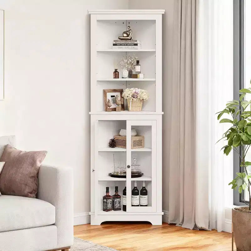 Angoliera con ante in vetro, mensole regolabili, mobiletto alto e autoportante per bagno e cucina, salvaspazio, bianco, organizzatore moderno