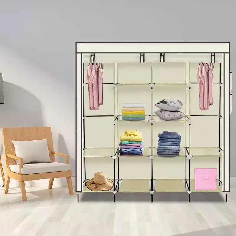 Armadio in Tessuto Non Tessuto, Mobile Contenitore Alto a 4 File con 4 Tasche Laterali, 169,5x44x168,5/181,5cm, Beige, per Casa e Dormitorio