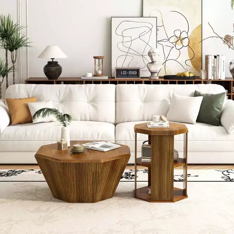 MAYEERTY Tavolino da salotto/camera da letto ottagonale in legno di gomma naturale da 80 cm, set da due, colore beige