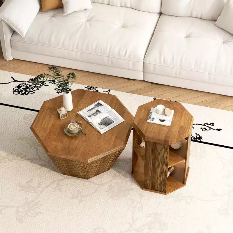 MAYEERTY Tavolino da salotto/camera da letto ottagonale in legno di gomma naturale da 80 cm, set da due, colore beige