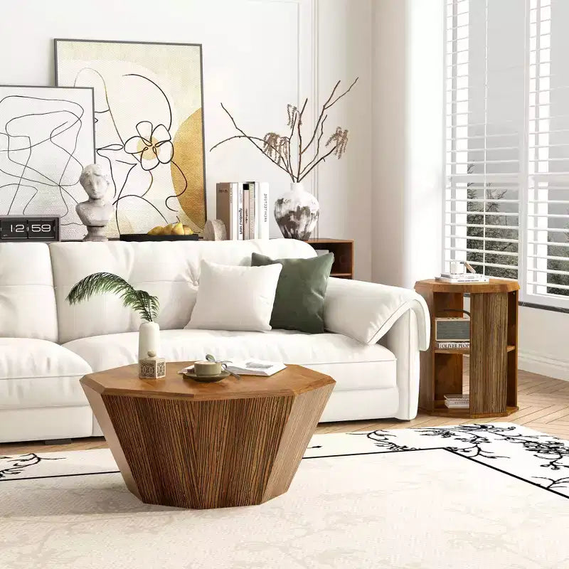 MAYEERTY Tavolino da salotto/camera da letto ottagonale in legno di gomma naturale da 80 cm, set da due, colore beige