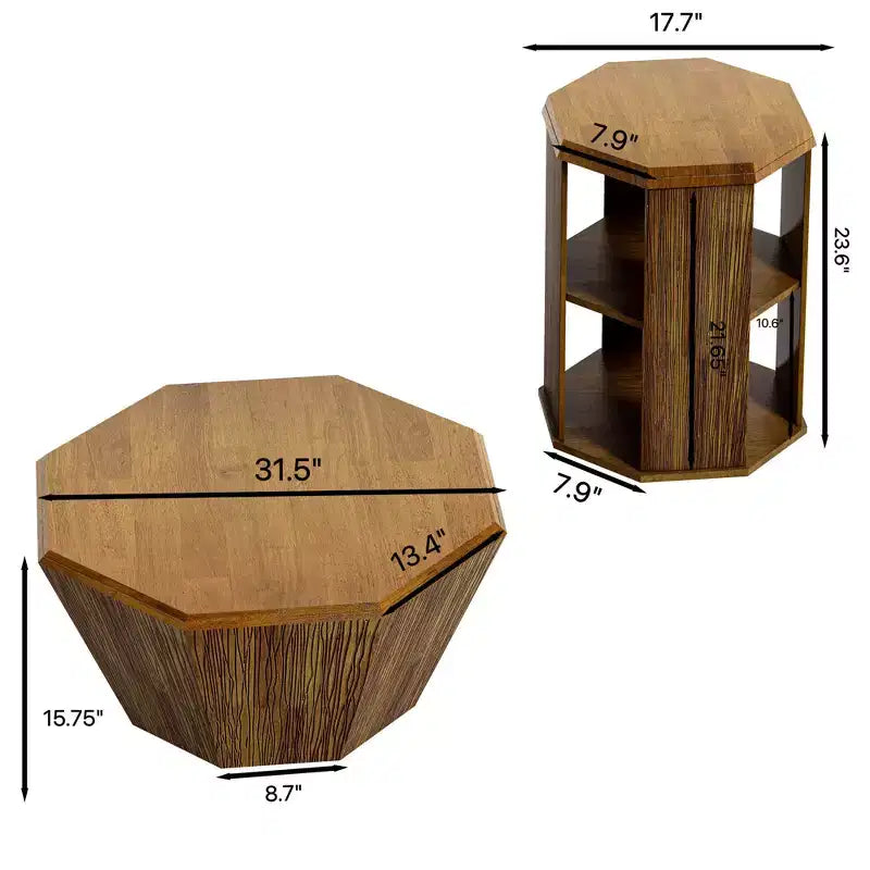 MAYEERTY Tavolino da salotto/camera da letto ottagonale in legno di gomma naturale da 80 cm, set da due, colore beige
