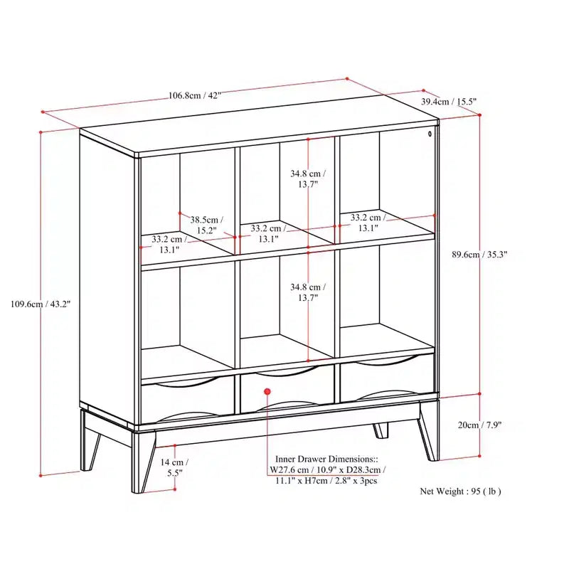 Pearson LEGNO MASSELLO 43 pollici x 42 pollici Mobile contenitore basso con 6 cubi e cassetti, in stile moderno di metà secolo, marrone noce