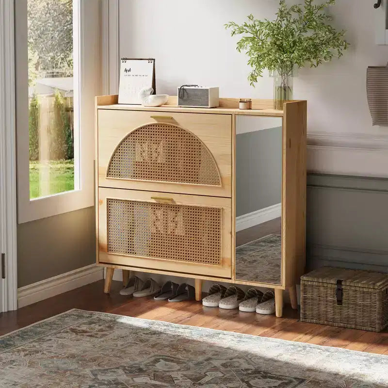 Scarpiera, Mobile da Ingresso in Rattan Naturale con 2 Cassetti a Ribalta e Ripiani Regolabili a Specchio