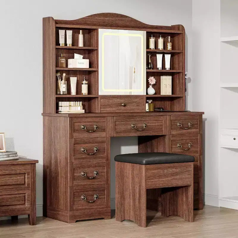 Retro Double-Side Cabinet Vanity Table, MDF Material, Walnut Color, for Bedroom Dressing Area