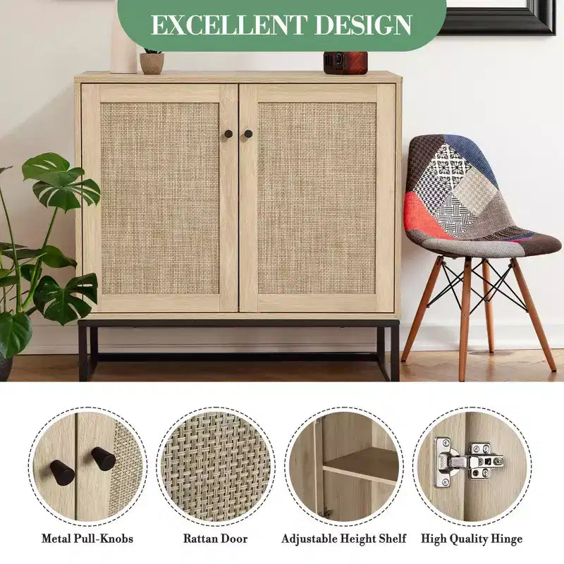Mobiletto contenitore in rattan a 2 ante COZONY stile rustico, credenza/mobile buffet, consolle rustica con vano portaoggetti, credenza da cucina multifunzione