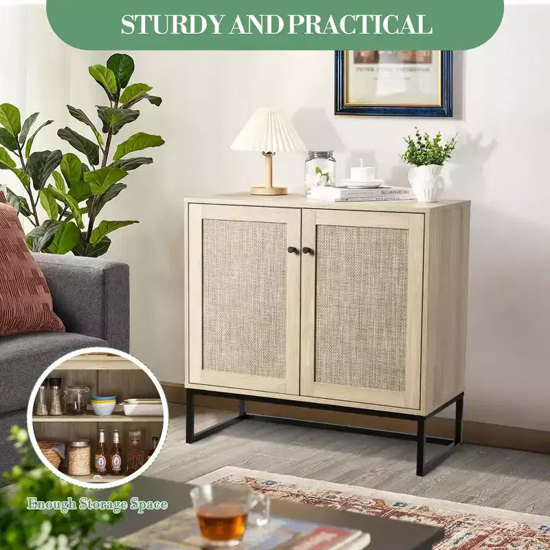 Mobiletto contenitore in rattan a 2 ante COZONY stile rustico, credenza/mobile buffet, consolle rustica con vano portaoggetti, credenza da cucina multifunzione
