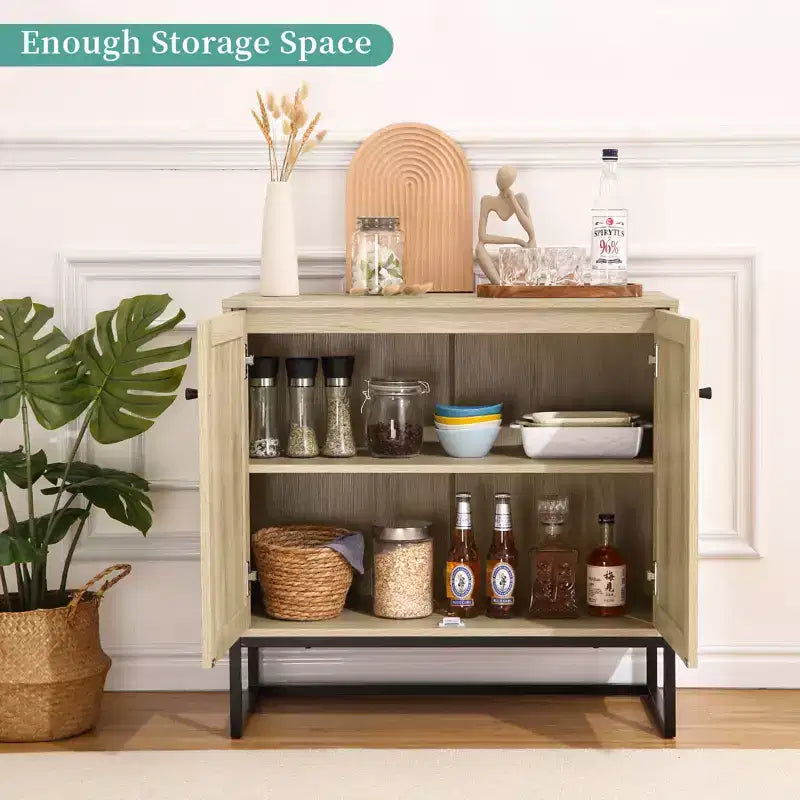 Mobiletto contenitore in rattan a 2 ante COZONY stile rustico, credenza/mobile buffet, consolle rustica con vano portaoggetti, credenza da cucina multifunzione