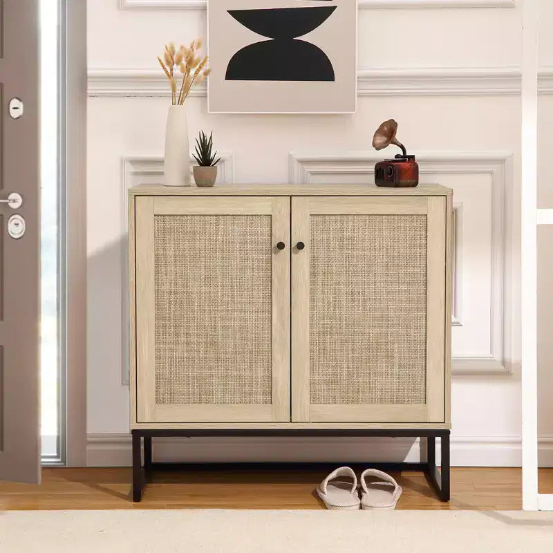 Mobiletto contenitore in rattan a 2 ante COZONY stile rustico, credenza/mobile buffet, consolle rustica con vano portaoggetti, credenza da cucina multifunzione