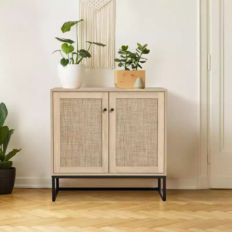 Mobiletto contenitore in rattan a 2 ante COZONY stile rustico, credenza/mobile buffet, consolle rustica con vano portaoggetti, credenza da cucina multifunzione
