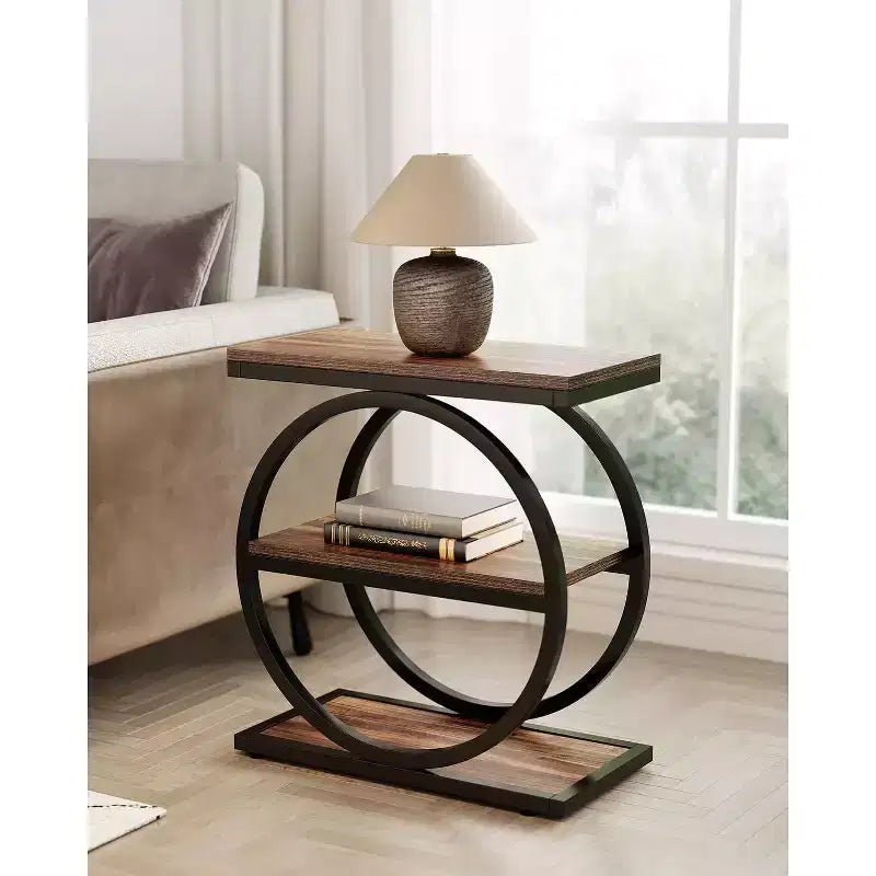 Tavolino Lantine, Tavolino a 3 Ripiani, Tavolino Laterale Sottile per Divano da Salotto, Comodino Alto per Camera da Letto, Marrone Rustico e Nero