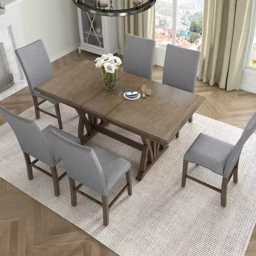 Set da Pranzo Allungabile da 7 Pezzi per 6 Persone, Tavolo da Cucina Stile Fattoria con 6 Sedie Imbottite per Sala da Pranzo, Grigio