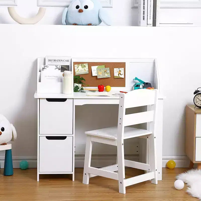 Scrivania e sedia per bambini  Tavolo da studio in legno con mobiletto contenitore e bacheca per casa/scuola