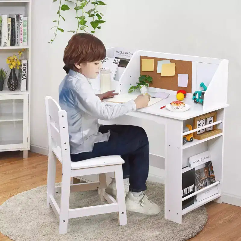 Scrivania e sedia per bambini  Tavolo da studio in legno con mobiletto contenitore e bacheca per casa/scuola