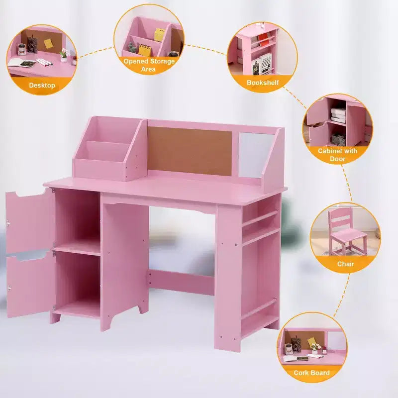 Scrivania e sedia per bambini  Tavolo da studio in legno con mobiletto contenitore e bacheca per casa/scuola
