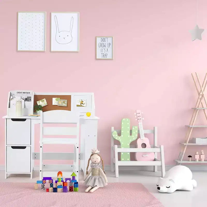 Scrivania e sedia per bambini  Tavolo da studio in legno con mobiletto contenitore e bacheca per casa/scuola