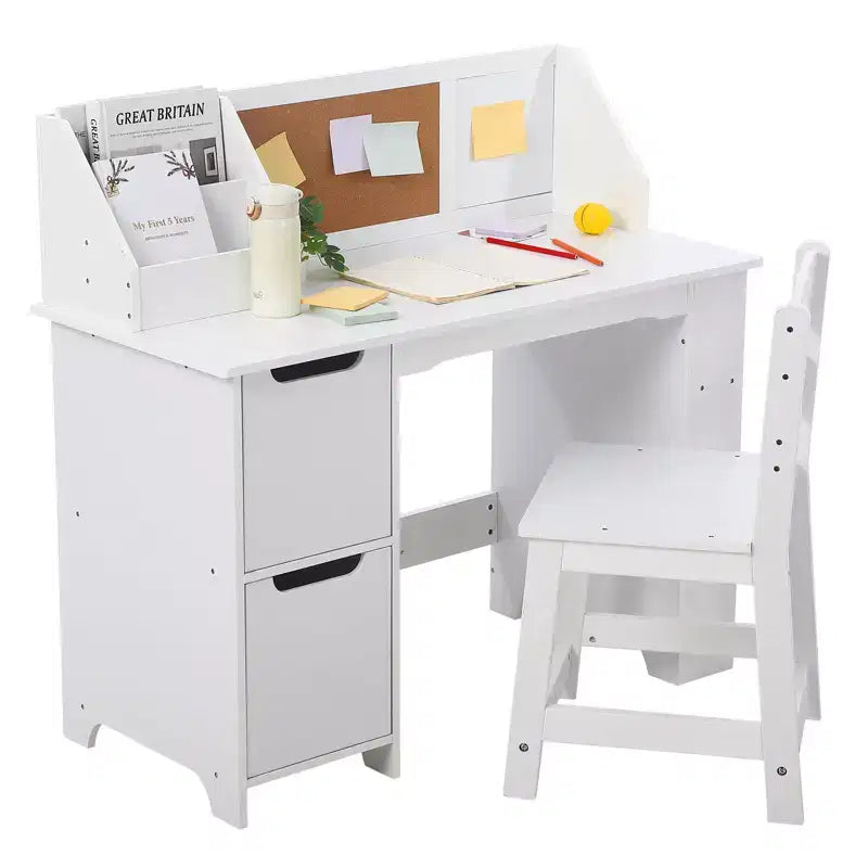 Scrivania e sedia per bambini  Tavolo da studio in legno con mobiletto contenitore e bacheca per casa/scuola