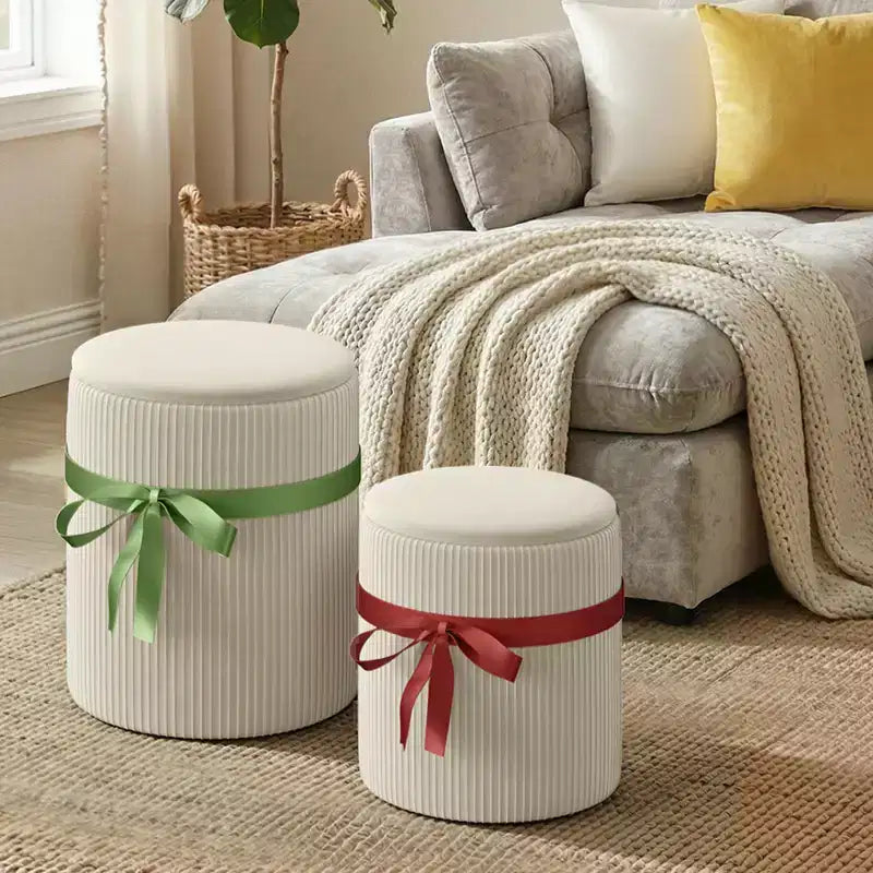 Poggiapiedi rotondo Pinmoco con contenitore, set da 2, poggiapiedi tavolino, sgabello da trucco in velluto a coste per camera da letto, poggiapiedi per soggiorno
