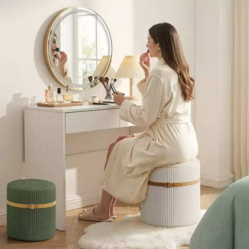 Poggiapiedi rotondo Pinmoco con contenitore, set da 2, poggiapiedi tavolino, sgabello da trucco in velluto a coste per camera da letto, poggiapiedi per soggiorno