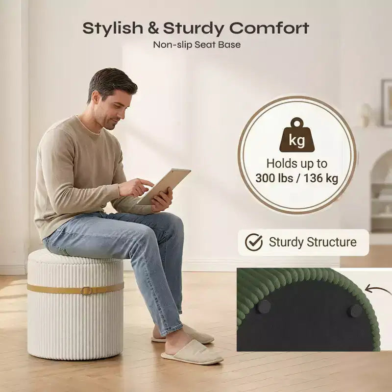 Poggiapiedi rotondo Pinmoco con contenitore, set da 2, poggiapiedi tavolino, sgabello da trucco in velluto a coste per camera da letto, poggiapiedi per soggiorno
