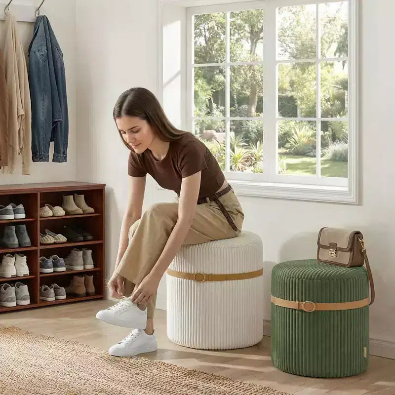 Poggiapiedi rotondo Pinmoco con contenitore, set da 2, poggiapiedi tavolino, sgabello da trucco in velluto a coste per camera da letto, poggiapiedi per soggiorno