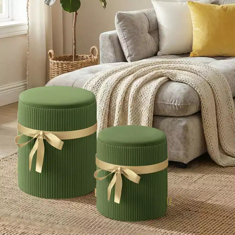 Poggiapiedi rotondo Pinmoco con contenitore, set da 2, poggiapiedi tavolino, sgabello da trucco in velluto a coste per camera da letto, poggiapiedi per soggiorno