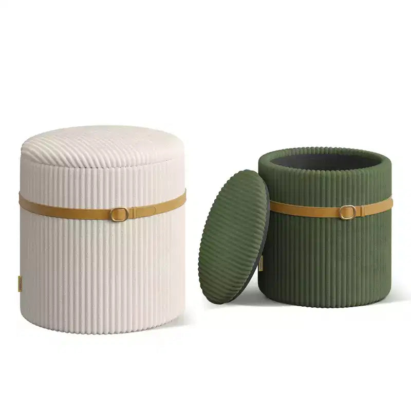 Poggiapiedi rotondo Pinmoco con contenitore, set da 2, poggiapiedi tavolino, sgabello da trucco in velluto a coste per camera da letto, poggiapiedi per soggiorno