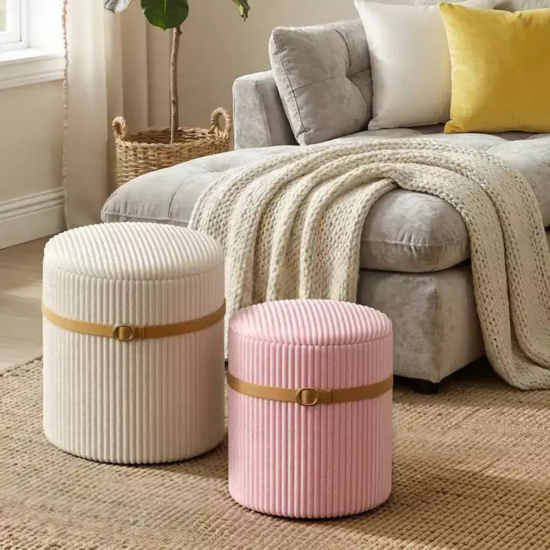 Poggiapiedi rotondo Pinmoco con contenitore, set da 2, poggiapiedi tavolino, sgabello da trucco in velluto a coste per camera da letto, poggiapiedi per soggiorno