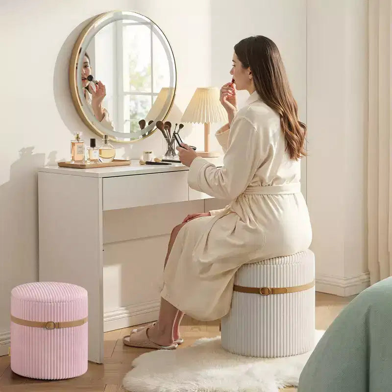 Poggiapiedi rotondo Pinmoco con contenitore, set da 2, poggiapiedi tavolino, sgabello da trucco in velluto a coste per camera da letto, poggiapiedi per soggiorno