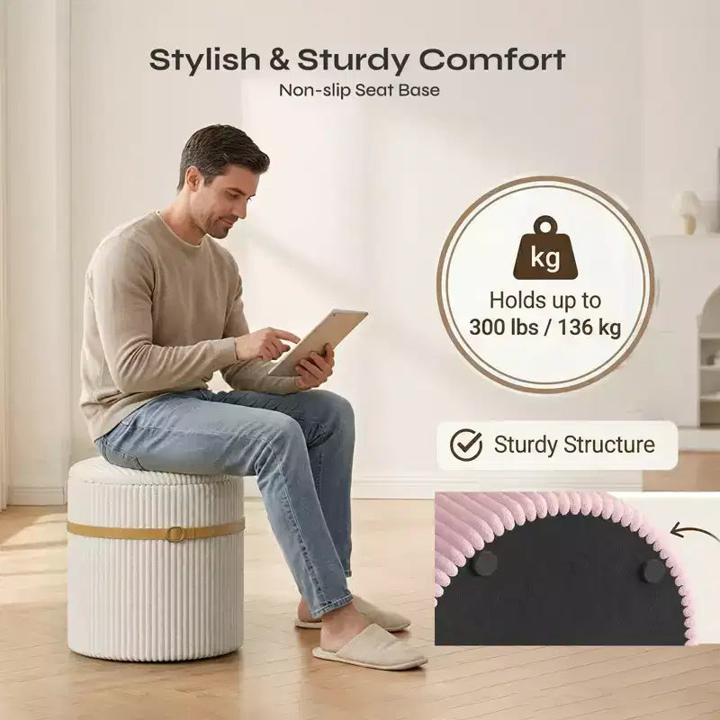 Poggiapiedi rotondo Pinmoco con contenitore, set da 2, poggiapiedi tavolino, sgabello da trucco in velluto a coste per camera da letto, poggiapiedi per soggiorno