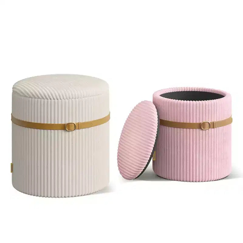 Poggiapiedi rotondo Pinmoco con contenitore, set da 2, poggiapiedi tavolino, sgabello da trucco in velluto a coste per camera da letto, poggiapiedi per soggiorno