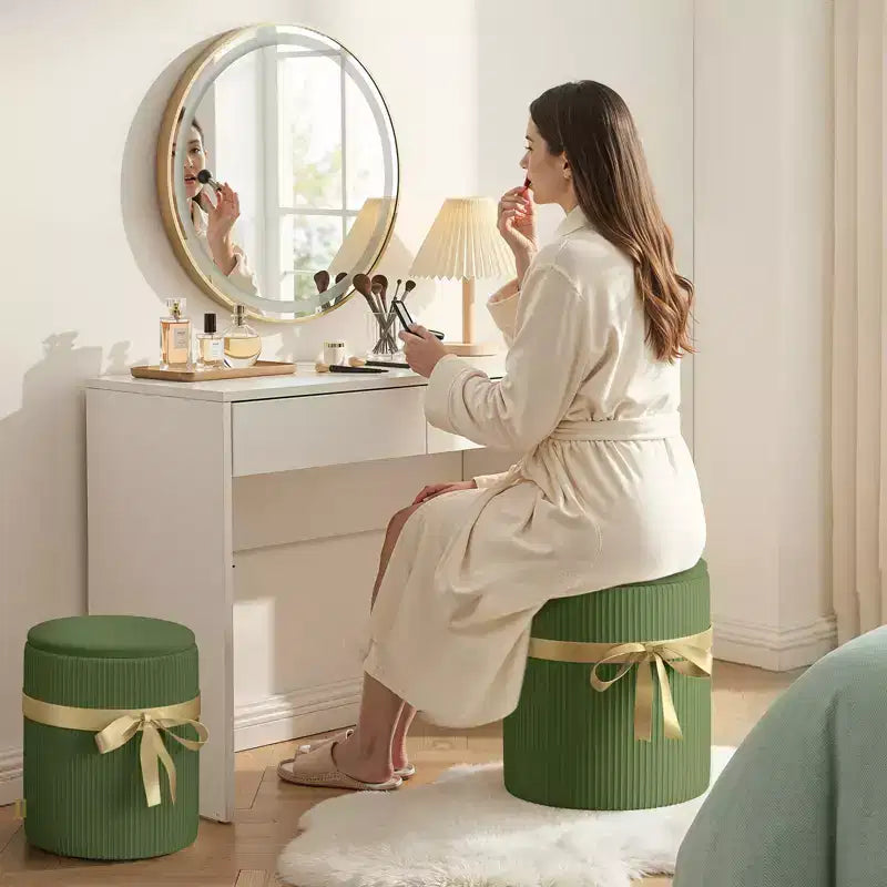 Poggiapiedi rotondo Pinmoco con contenitore, set da 2, poggiapiedi tavolino, sgabello da trucco in velluto a coste per camera da letto, poggiapiedi per soggiorno