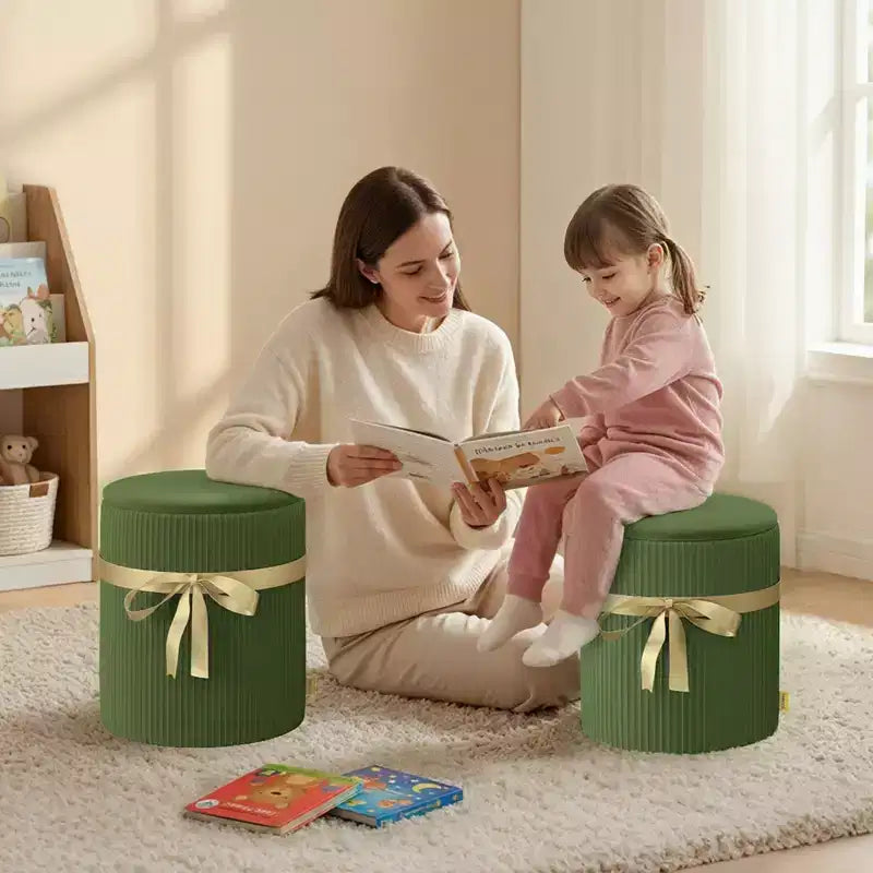 Poggiapiedi rotondo Pinmoco con contenitore, set da 2, poggiapiedi tavolino, sgabello da trucco in velluto a coste per camera da letto, poggiapiedi per soggiorno